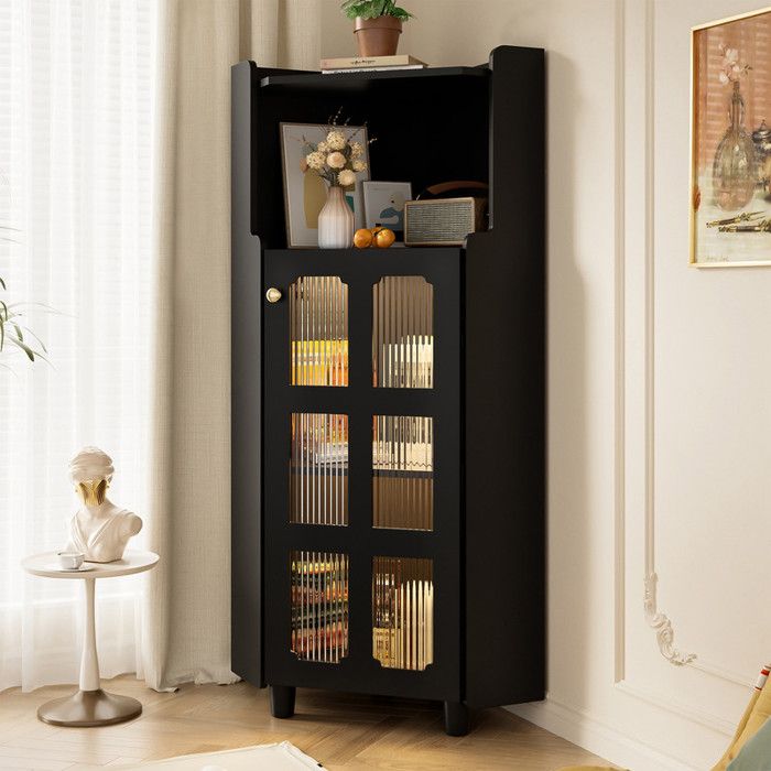 Armoire dangle avec éclairage LED Armoire de Rangement Moderne avec Portes en Verre Pour Salon Bibliothèque Salle de Bain Noir