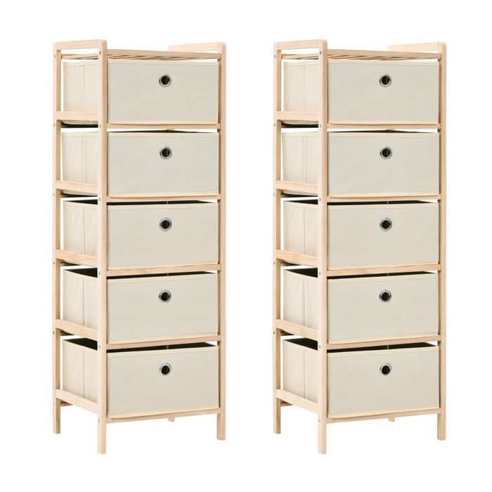 Étagères de rangement en bois de cèdre - JILIS - 5 paniers en tissu - 2 pièces - Beige - 32x26x93 cm