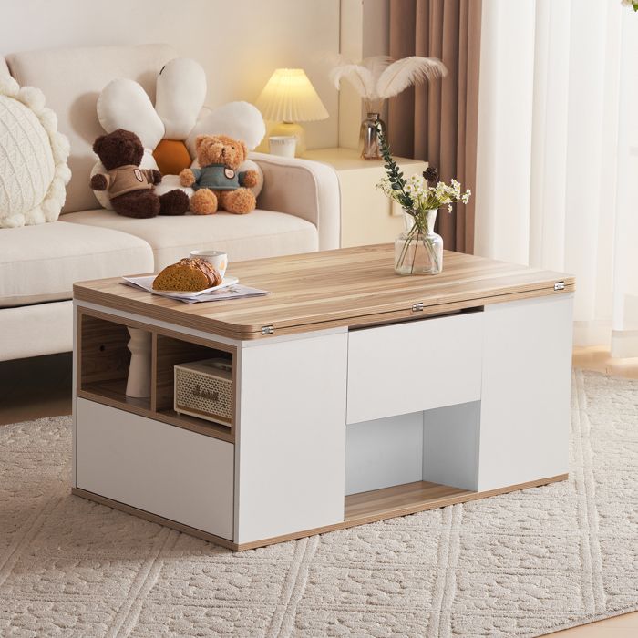 Table basse relevable multifonction - 2 plateaux extensibles blanc et bois - Grande capacité idéale pour salon moderne Table basse relevable multifonction - 2 plateaux extensibles blanc et bois - Grande capacité idéale pour salon moderne