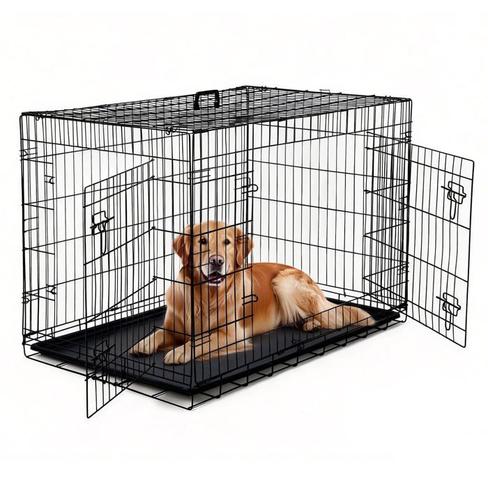 Meilleurs prix pour Cage pour chien en métal robuste 2 portes plateau amovible facile à nettoyer pliable et portable Séparateur inclus Noir