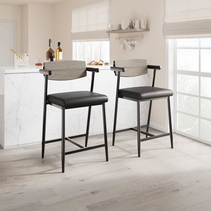 Tabouret de cuisine - LUNSY - Lot de 2 - 49x48x94 cm - Gris - Assise 65 cm - Repose-pieds intégré