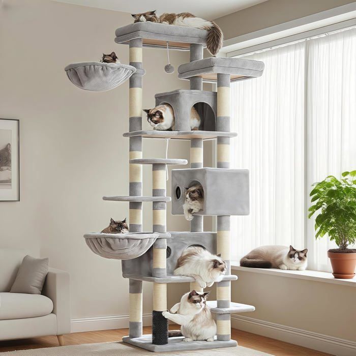 Meilleurs prix pour Arbre à chat multi-niveaux - JOZSI - 188 cm de haut - 2 grandes plateformes - 3 trous - 2 paniers - Colonnes de sisal