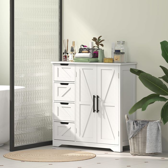 MOTHINESSTO4493-Meuble de salle de bain meuble de rangement avec 4 tiroirs 1 placard pour petits espaces 81 2 x 30 x 83 8 cm b