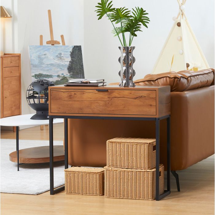 Table console avec tiroir EVRYAE 80 x 30 x 76 cm meuble dentrée style industriel aspect bois et métal noir