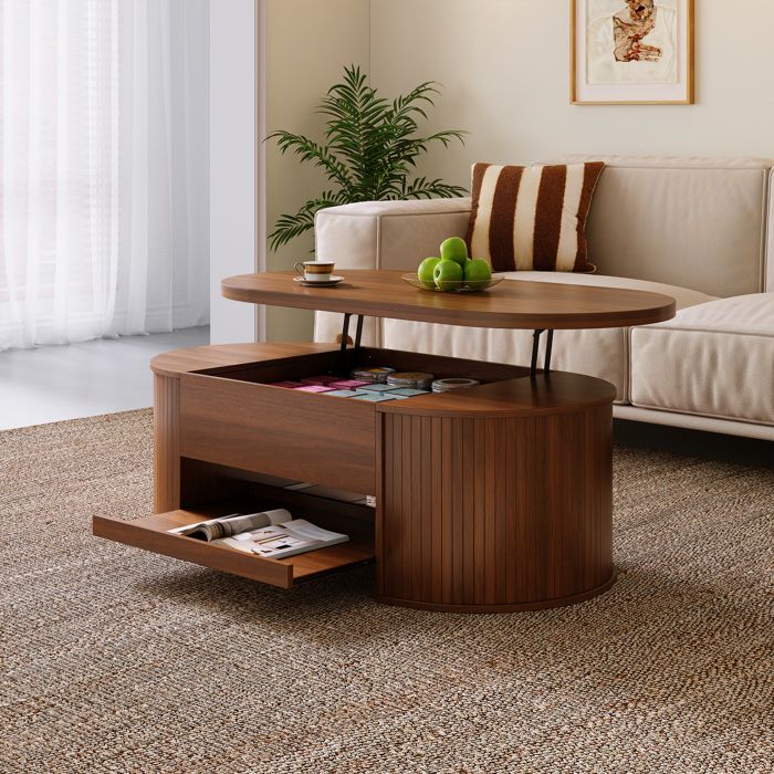 Table Basse Relevable 110x55.5x40/55 Cm Avec Étagère Coulissante MDF Couleur noyer