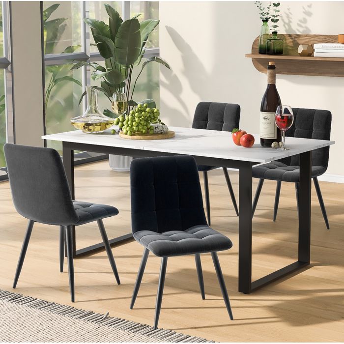 Ensemble repas extensible blanc 140/180 x 80 x 75 cm 1 table + 4 chaises plateau MDF pieds métal noir