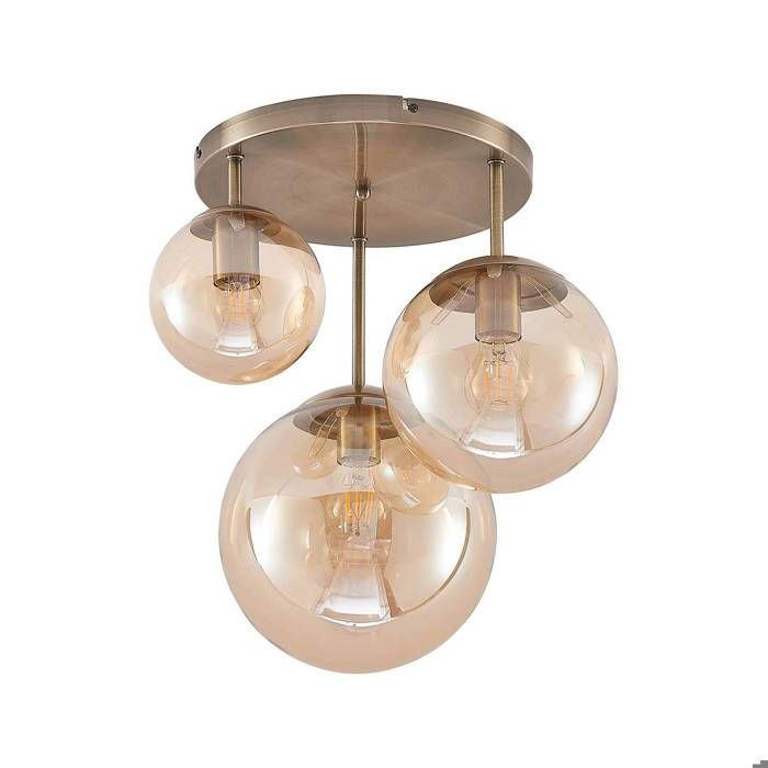 Lindby Plafonnier Teeja à intensité variable (Moderne) en Beige Verre e. a. pour Salon & Salle manger (à 3 lampes E27) Luminaire