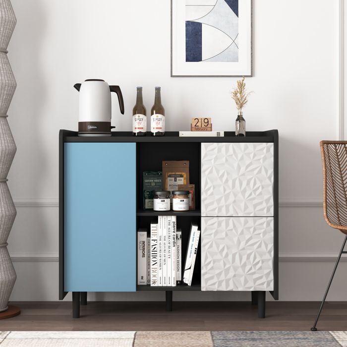 Buffet de salle à manger Noir et Bleu – 2 Tiroirs – 2 Compartiments ouverts – Rangement – 90x40x80 cm