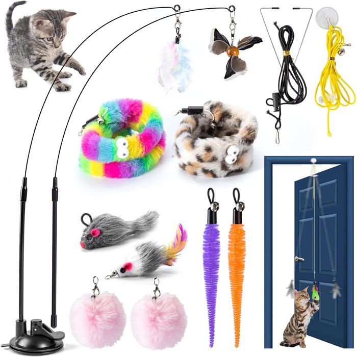 Canne À Pêche Pour Chat Avec Plumes Et Ventouse – Jouet Interactif Pour Chat Et Chat[AT138]