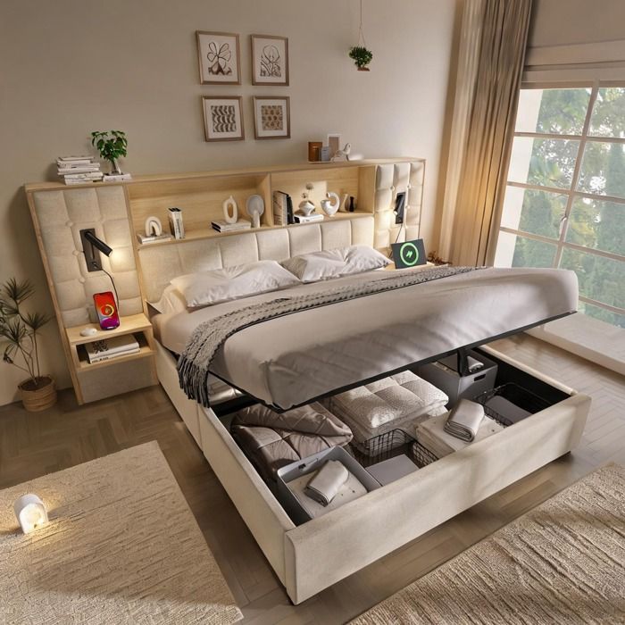 Lit banquette beige 160x200 avec rangement chevets intégrés éclairage LED et USB Type-C