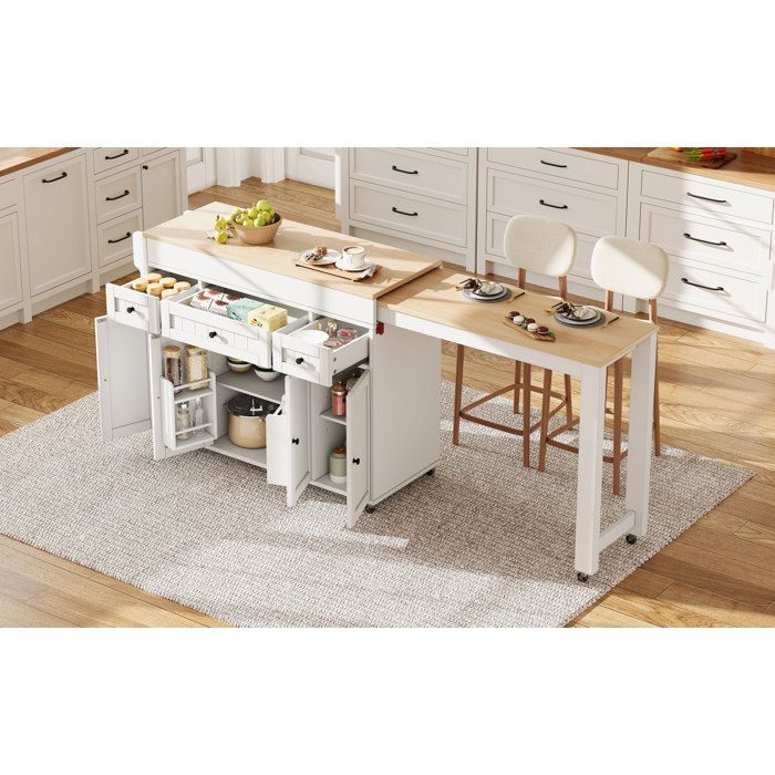 WOVREO ilot central de cuisine sur roulettes 137-1906 x 452 x 92 cm plan de travail extensible MDF blanc et naturel