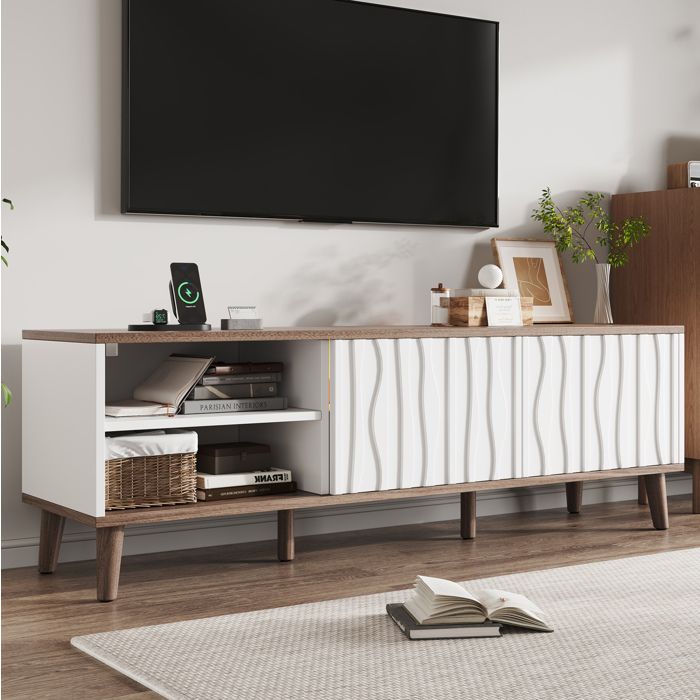 Meuble TV LED AESVAR 160 x 40 x 52 cm avec 2 portes coulissantes rangement et passe-cables blanc et noyer fonce