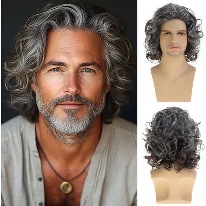 Hommes Court Bouclé Vague Perruque Mixte Gris Moelleux Cosplay Costume Cheveux[CA80]