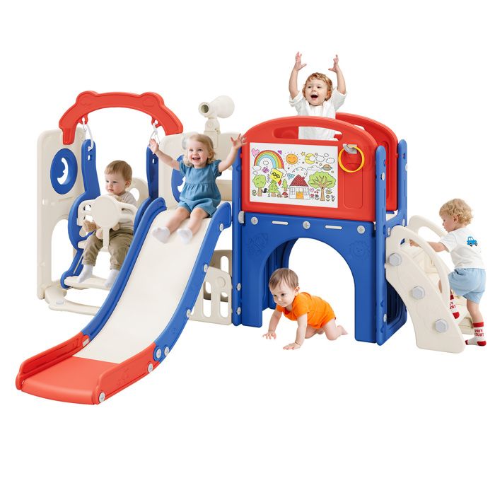 Toboggan 9 en 1 avec Balançoire Télescope Panier de Basket Basket-Ball Lancer danneaux Espace de Rangement Escaliers Bleu