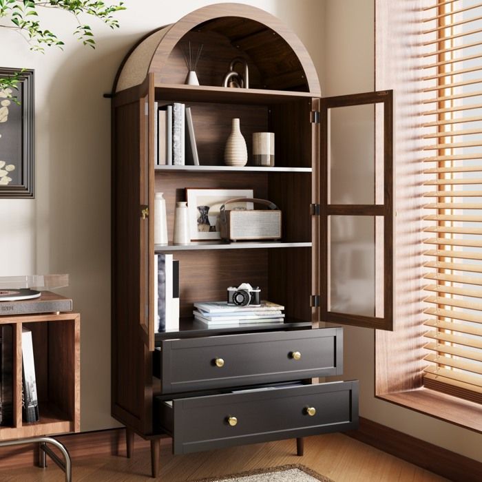 Vitrine buffet haut rétro à porte vitrée étagères réglables 2 tiroirs aspect noyer MDF et verre FOLYNA
