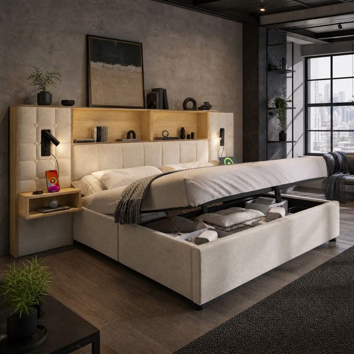 Lit coffre beige 180 x 200 x 119 cm LED 2 lampes de lecture 2 tables de nuit USB Type-C sommier inclus