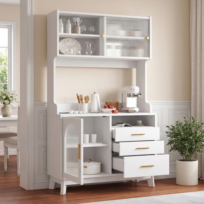 Buffet Haut Blanc 100.5x40x178cm Prise et Ports USB‑C USB‑A Multiples Rangements Meuble Salle À Manger Buffet Haut Blanc 100.5x40x178cm Prise et Ports USB‑C USB‑A Multiples Rangements Meuble Salle À Manger