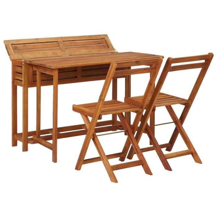 table de balcon - qim - bois d'acacia massif - marron - avec 2 chaises de bistro