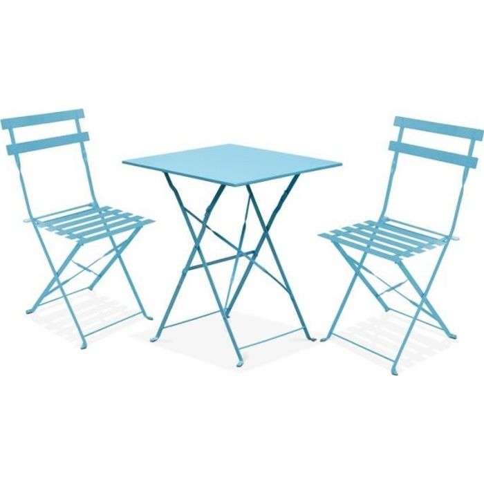 ensemble table bistrot de jardin et 2 chaises pliantes - acier - oviala - bleu