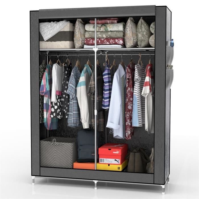 Armoire Penderie En Tissu à 5 Compartiments Noir Pur Avec Barre De