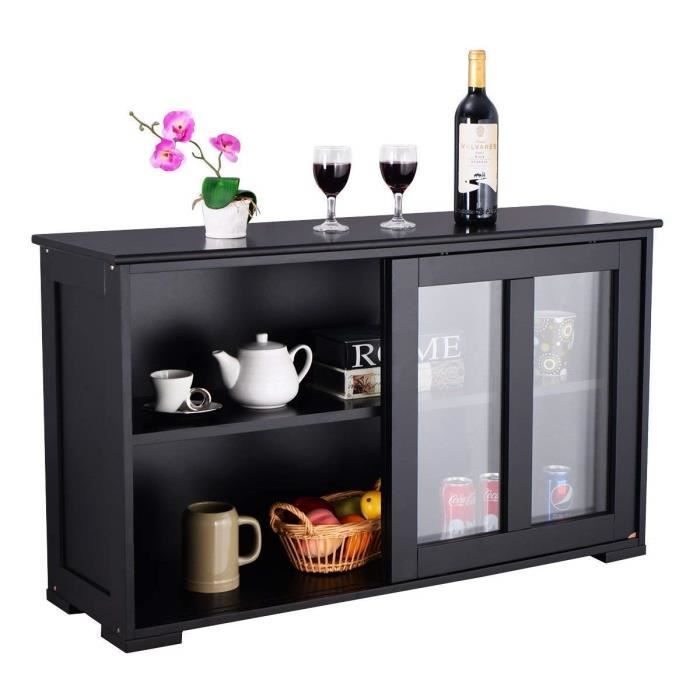 Costway Buffet De Cuisine Meuble Contemporain Cabinet De Stockage En Bois Avez Verre Porte Coulissante Noire 1067x33x625cm