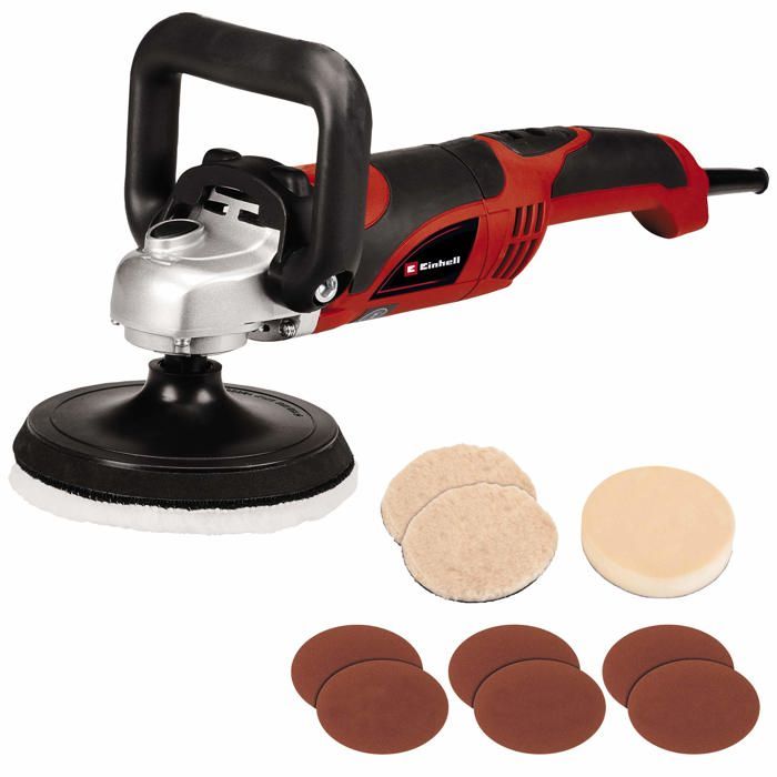Einhell Ponceuse polisseuse CC PO 1100150 E 1 système de blocage de ’arbre fixation auto agrippante avec 1 plateau en mousse 2 bonnets de polissage synthétiques 6 feuilles abrasives