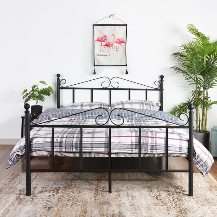 Cadre De Lit Double 140x190 Cm En Métal Avec Sommier - Noir - Espace Rangement