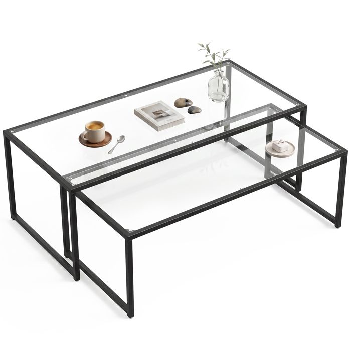 Tables basses gigognes - HOMCOM - lot de 2 tables salon rectangulaires design contemporain - acier verre trempé - noir