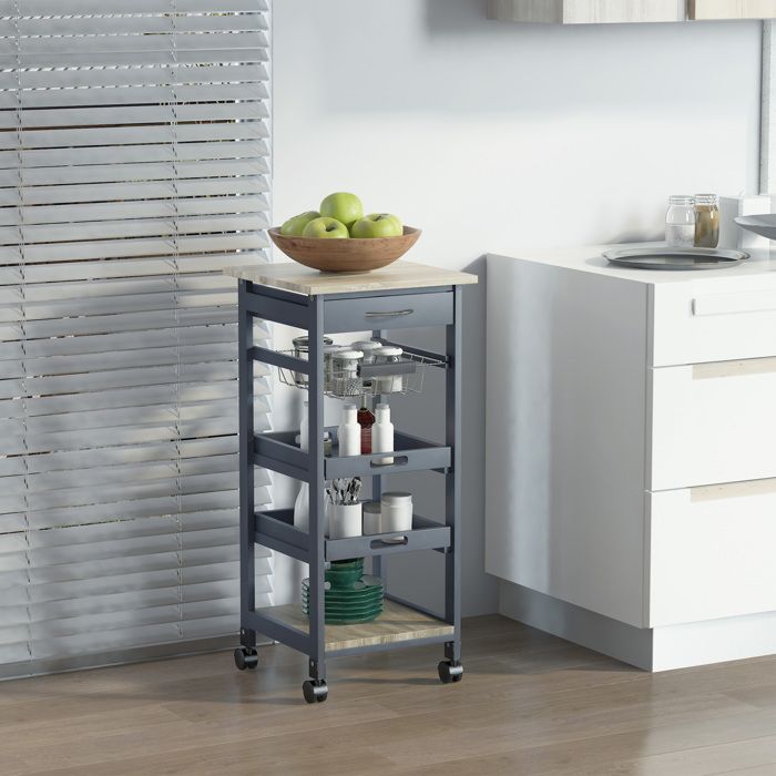 Chariot de service - HOMCOM - desserte cuisine roulettes panier 2 plateaux amovibles tiroir - MDF pin - chêne gris