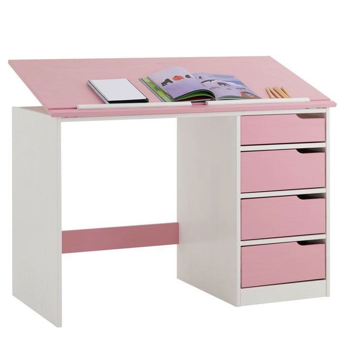 Bureau Enfant Ecolier Junior Emma Pupitre Inclinable Avec 4 Tiroirs En Pin Massif Lasure Blanc Et Rose Achat Vente Bureau Bureau Enfant Ecolier Junio Cdiscount