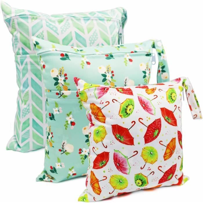 2 Sacs à Couches Lavables étanches 28x30 Cm - Multicolores - Accrochables à Poussette - Réutilisables