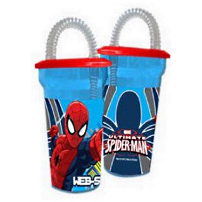 Gobelet Enfant Spiderman 360ml - Avec Paille Et Figurine 3D - Sans BPA, Bleu/Rouge