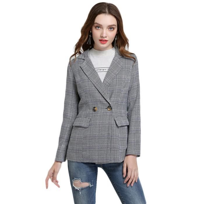 Veste De Costume Femme Slim Carreaux Imprime Col Revers Manches Longues