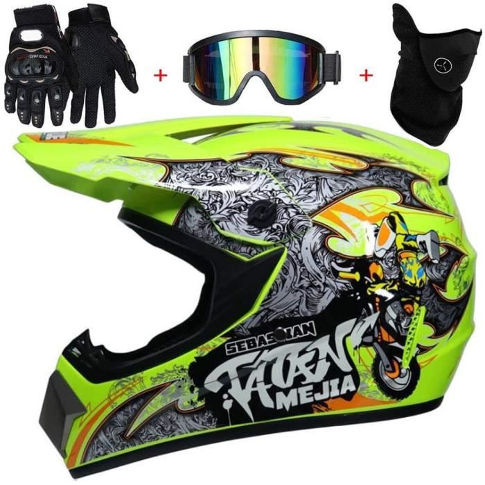 Casque Moto Cross Enfant/Adulte + Gants, Lunettes & Masque - DOT Certifié, Jaune, Taille L (59-60 Cm)