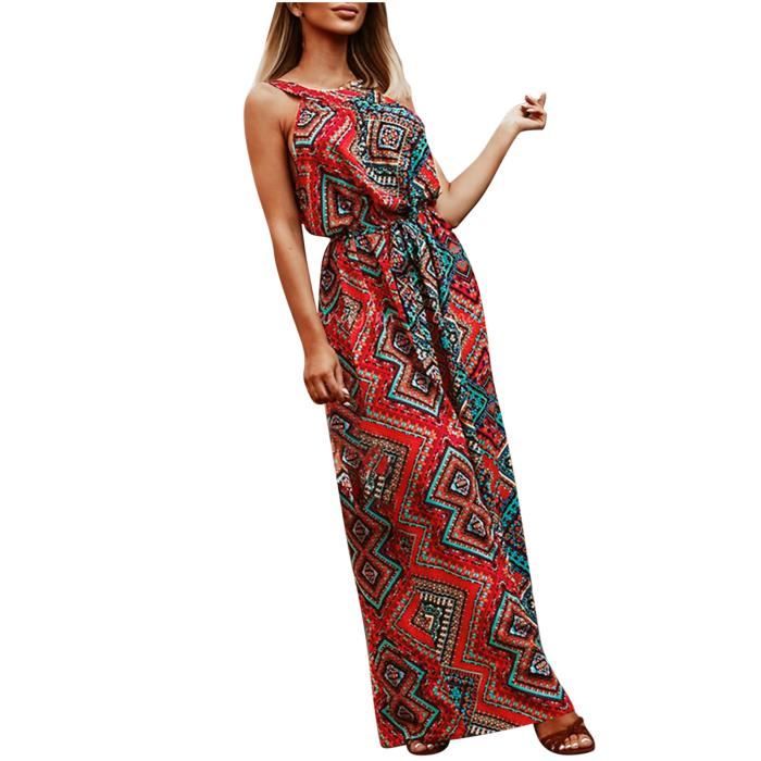 Robe De Plage ?? Ceinture Imprim?�e R?�tro Boh?�me Col Rond Et Taille Haute Pour Femmes Multicolor 