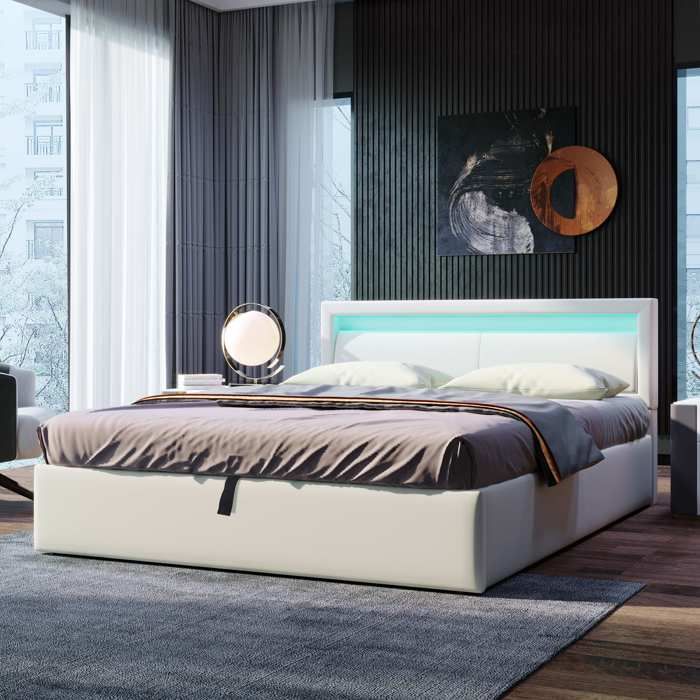 Lit coffre double 140x200cm en similicuir avec LED 16 couleurs Espace de rangement Sans matelas Sommier à lattes inclus Blanc