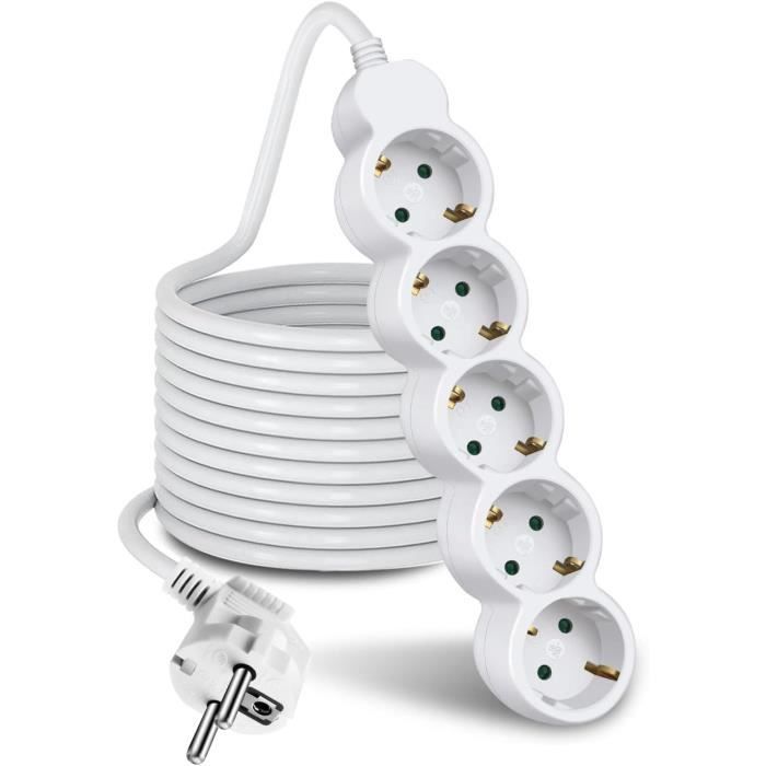 EXTRASTAR Rallonge De 5 Mètres Avec 5 Prises Et Interrupteur, Pour La Maison, Le Bureau Et Les Voyages, Blanc 1 Pièce