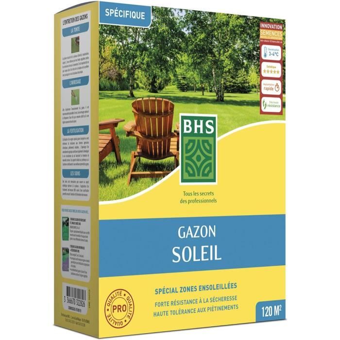BHS Gazon Soleil 3kg - 120m² - Mélange Résistant Sécheresse Et Soleil - Pour Climat Méditerranéen