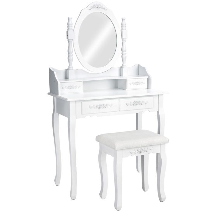 tectake coiffeuse table de maquillage commode avec miroir et 4 tiroirs ornés de roses + 1 tabouret - blanc