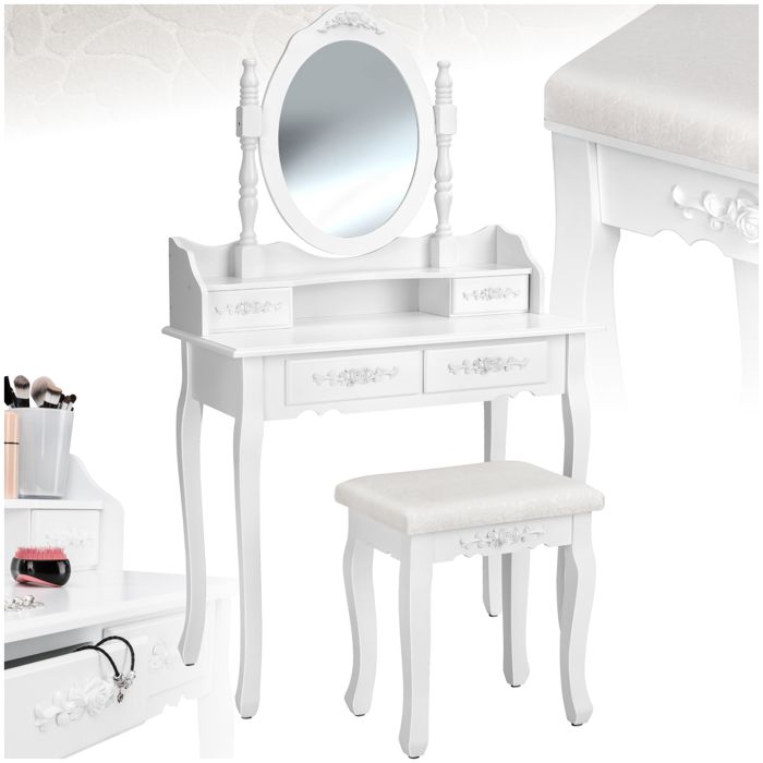 Coiffeuse - TECTAKE - Meuble coiffeuse vintage pour maquillage avec miroir 4 tiroirs fleuris et tabouret 75 x 40 x 143 cm - Blanc Coiffeuse - TECTAKE - Meuble coiffeuse vintage pour maquillage avec miroir 4 tiroirs fleuris et tabouret 75 x 40 x 143 cm - Blanc
