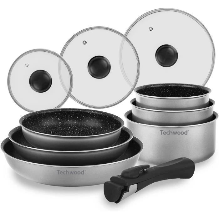 Techwood TSA-0107P Set de 3 Casseroles et 3 Poeles / 10 pieces, comprenant 3 Casseroles o16cm et o18cm et o20cm & 3 POELES o2