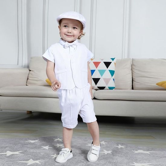 Costume Bapteme Enfant Garcons Tenue de Paques Eglise 3 Pieces Gilet Chemise Shorts Chapeau 1 4 Ans Blanc Blanc Cdiscount Pret a Porter