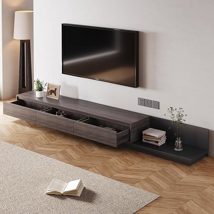 Meuble TV Moderne 3 Étagères Avec Plateau Verre Et Éclairage LED - Support Pour Téléviseur Jusqu'à 178 Cm (70") - 2 Tiroirs, Blanc Et Bois - 5