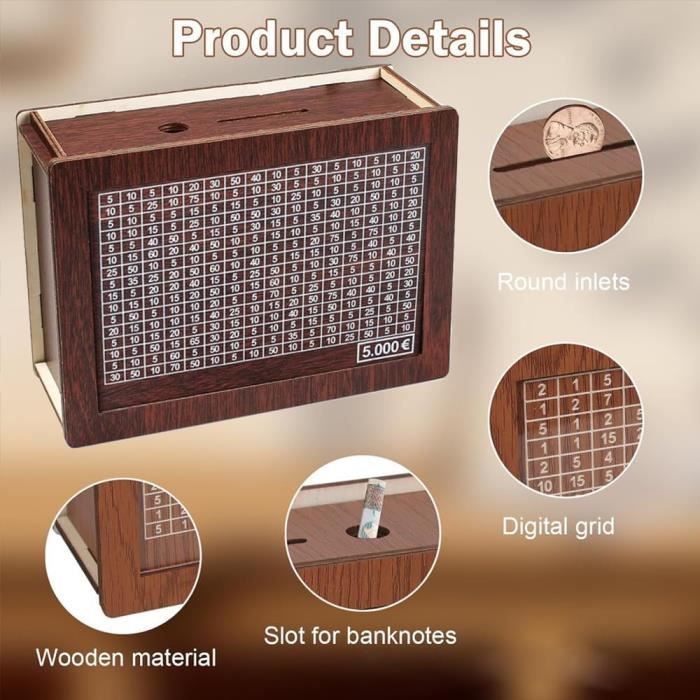Tirelire éducative Enfants Adultes Avec Compteur - Objectif 5000€, Style Rétro Tirelire Bois
