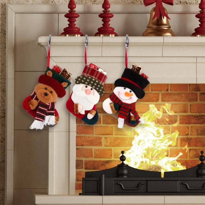 Lot De 3 Chaussettes De Noël à Suspendre – Père Noël, Bonhomme De Neige, Renne – Décoration Cheminée, Sapin