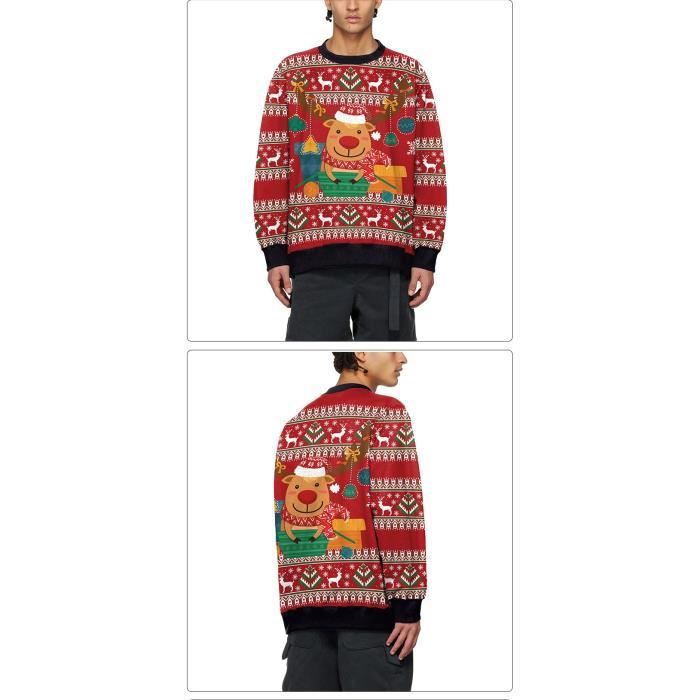 Pull Noel Homme Femme Coupe Droite Manches Longues Imprime Rouge INSFITY Adulte Col arrondi Mixte