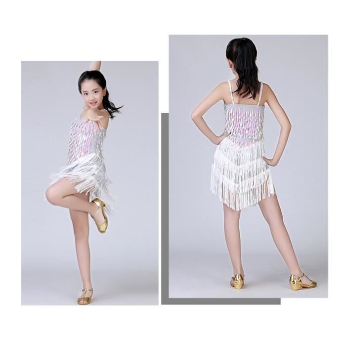 Fille Robe Bretelles Zumba Rumba Chacha Tango Danse Competition Robe de soiree a Franges Paillettes Brillant blanc Blanc Cdiscount Pret a Porter