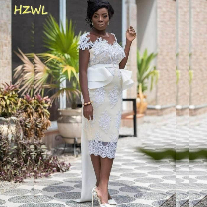 Robe de mariee courte en dentelle tenue de mariage sud africaine grande taille col transparent manches cape appliquees long Blanc Cdiscount Pret a Porter