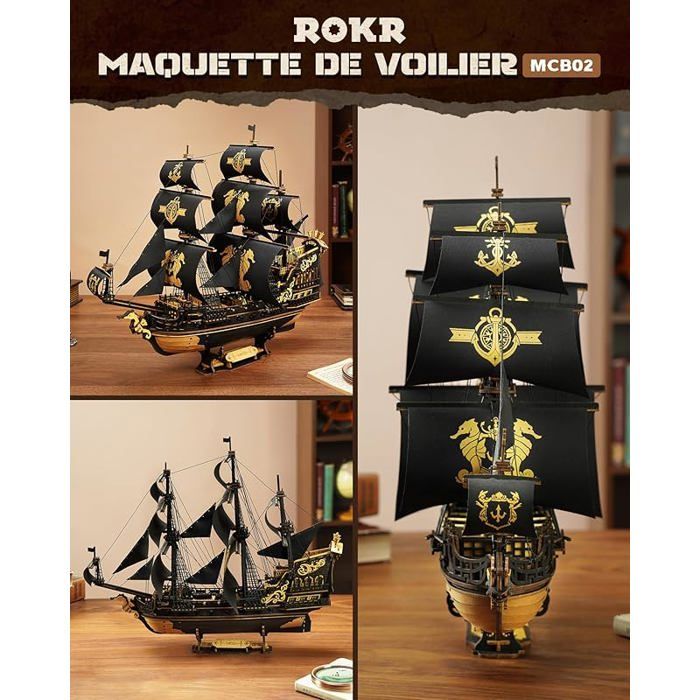 ROKR – Puzzle 3D En Bois Barque Hippocampe MCB02 – 603 Pièces – Maquette Bateau Décorative Pour Adulte – 47 X 18 X 39 Cm