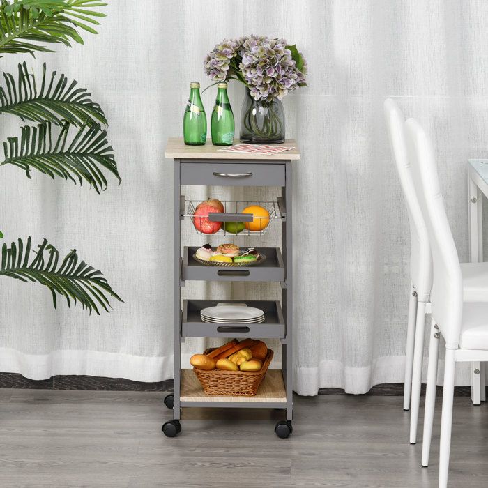 HOMCOM Chariot De Service Cuisine à Roulettes 2 Plateaux Amovibles, Tiroir Et Étagère - Chêne Clair Et Gris